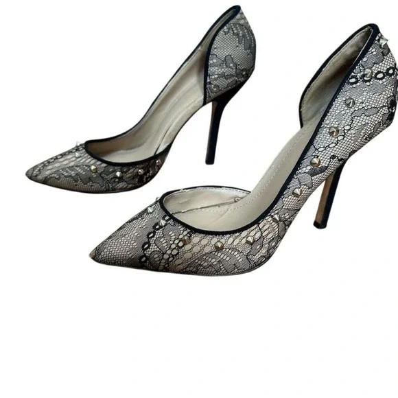 Women's Black Lace Studded Stiletto Heels Pointed Toe Party Shoes - Picture 3 of 6